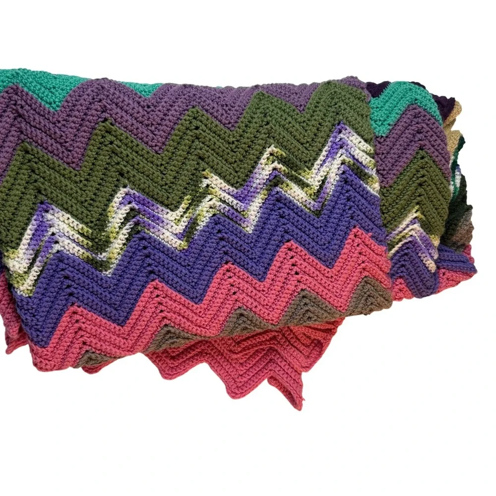 Vintage 70 Crochet Afghan Blanket Chevron Zig Zag Multicolor Handmade Boho Throw